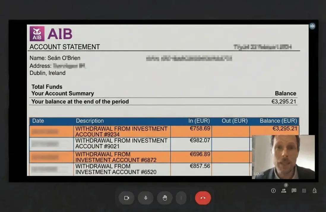 Sean O'Brien's AIB account statement showing withdrawals from investment account